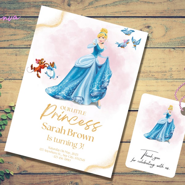 Invitation Cendrillon, Modèle d’invitation d’anniversaire princesse, Invitations à des fêtes modifiables, Invitation vidéo Cendrillon, Imprimable 0018