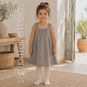 May include: A grey sleeveless knitted dress with a square neckline and a textured garter stitch pattern throughout. The dress features a fitted bodice that transitions into a flared skirt, ending with a simple hem. Text reads KNITORASTUDIO.