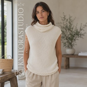 Chunky Cowl Neck Vest Knitting Pattern, Sleeveless Pullover, Bulky Yarn Beginner PDF, Women