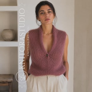 Digital Knitting Pattern Mohair Vest PDF, V Neck Sleeveless Cardigan Top, Women Button Sweater
