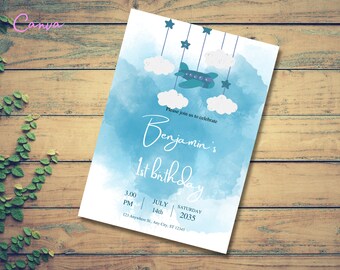 Flugzeug Geburtstag Einladung Vorlage, moderne Flugzeug Einladung, Flugzeug Einladung, Luftfahrt, bearbeitbare Vorlage, SOFORTIGER DOWNLOAD 0055