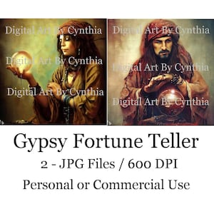 Gypsy Fortune Teller Descarga digital Gypsy con bola de cristal Archivo de imagen Imprimir Digital Gypsy Cards Etiquetas Invitación Tarjetas de visita Arte de la pared