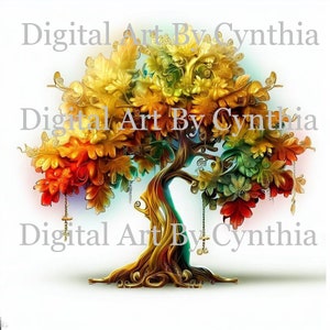 Puede incluir: Una impresión de arte digital de un árbol estilizado con hojas coloridas en tonos de rojo, naranja, amarillo y verde. El tronco del árbol es marrón y dorado, con columpios decorativos colgando de las ramas. El texto "Digital Art By Cynthia" está superpuesto en la imagen.