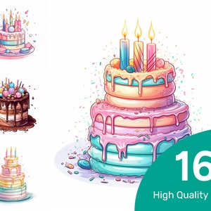 Birthday cake - 16 High Quality JPG Watercolor Clipart Digital Download Print Card Making Printable Digital Paper