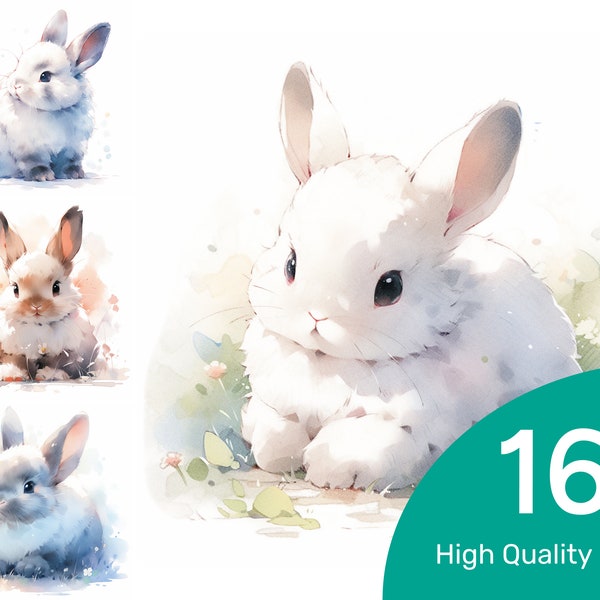 Cute Bunny Clipart - 16 High Quality PNG Watercolor Clipart Digital Download Print Card Making Printable Digital Paper