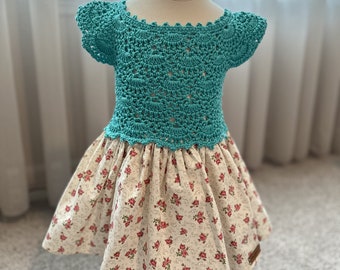 Handmade Baby Knit Crochet Dress - Turquoise - 3-6 month Baby Wear soft  - %100 Cotton-Summer baby toddler dress.