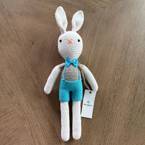 Crochet Bunny Toy - Handmade Cotton Amigurumi Rabbit with Blue Overalls
