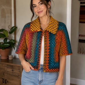Handmade Crochet Granny Square Cardigan | Boho Patchwork Knit Sweater Jacket