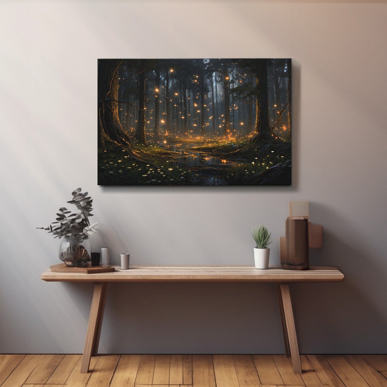 Mythical Firefly Forest Wall Art, Fantasy Canvas Print Artwork, Framed ...