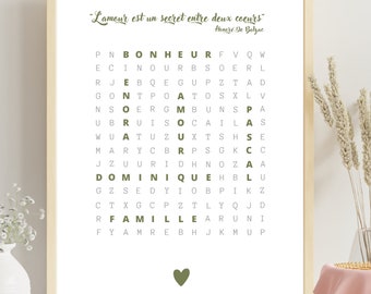 Affiche famille personnalisée prénoms mots croisés, lettres, mots mêlés, scrabble, numérique ou imprimée format A4