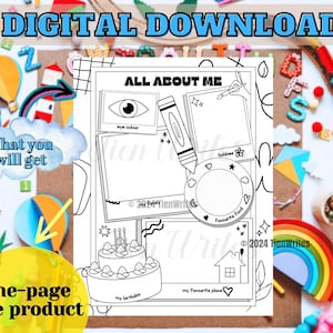 May include: A printable "All About Me" worksheet for kids. The worksheet features a birthday cake, a house, a circle for favorite food, and spaces for eye color, hobbies, and favorite place.