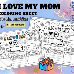 Amo il foglio da colorare di mia mamma, DOWNLOAD DIGITALE, Attività domestiche, Tovaglietta All About Mom, San Valentino della mamma, Premio Miglior Mamma, Libro occupato per bambini