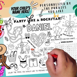 Personalized Summer Coloring Placemat, Coloring & Game Table Decoration, Pool Party Activity Sheets for kids, Kids coloring page, Printable