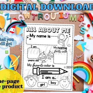 May include: A printable "All About Me" worksheet for kids. The worksheet has sections for the child to write their name, age, favorite color, and whether they are a boy or girl. The worksheet also has a space for the child to draw a picture of themself.