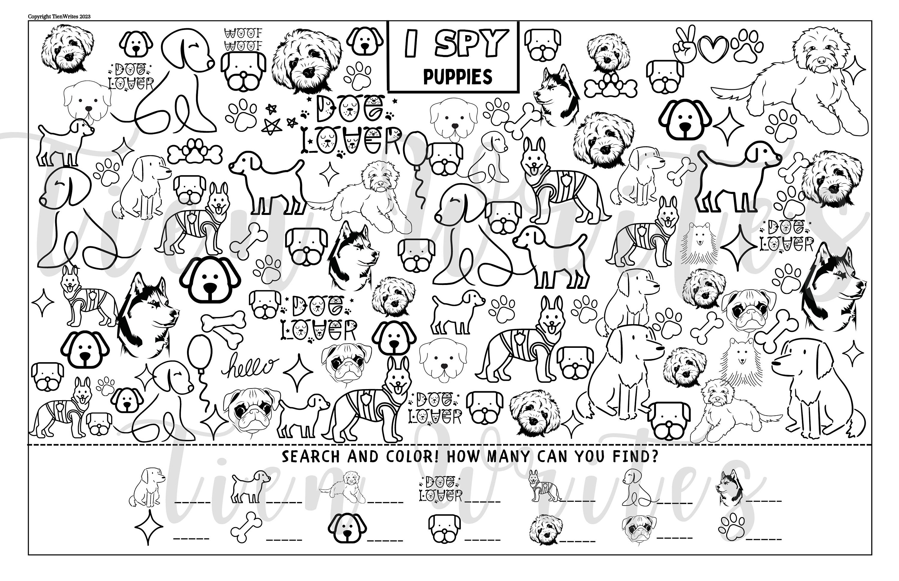 I Spy Puppies Dogs Printable Spy Games for Kids, I Spy Game Dogs Sheet