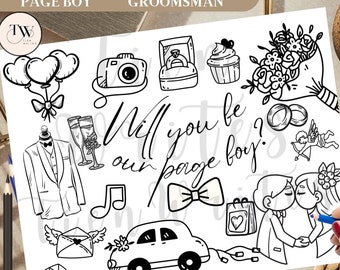 May include: Black and white printable coloring page with the text "Will you be our page boy?" and various wedding-themed illustrations, including a tuxedo, a car, a bow tie, a ring, a bouquet of flowers, and a couple kissing.