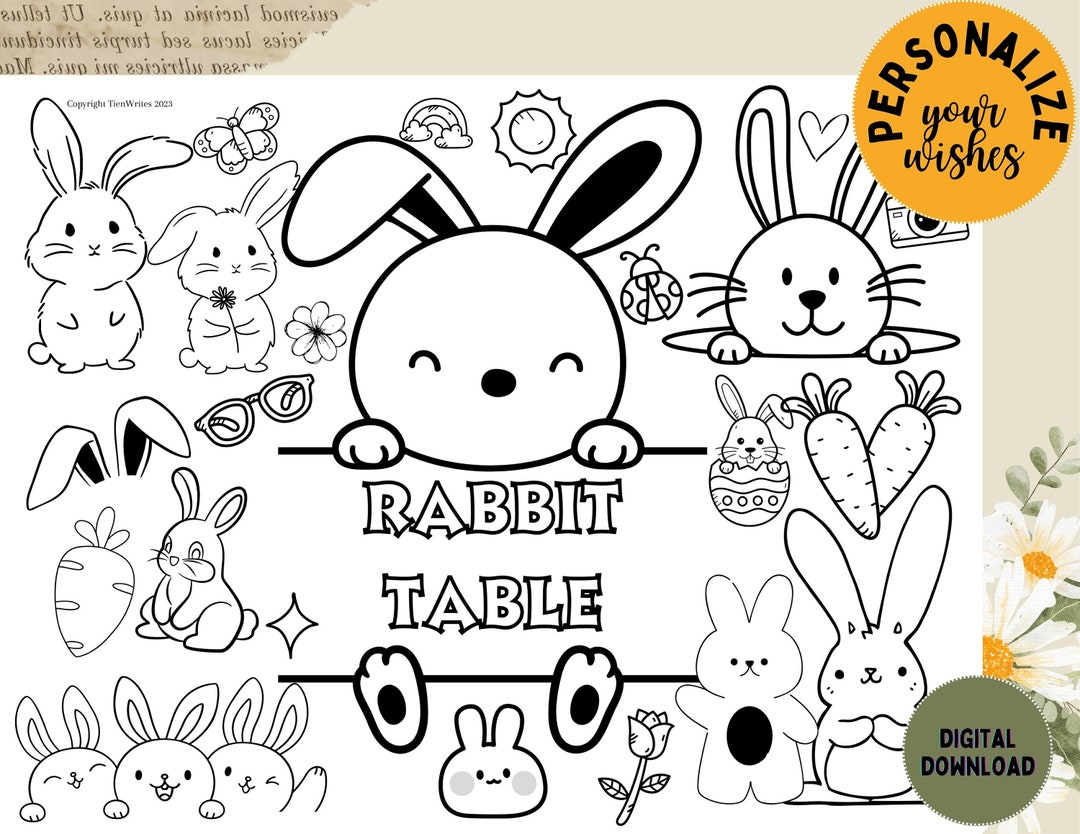 Party Coloring Table Rabbit Party Table Coloring Games, Printable Party Table Decor Signs ...