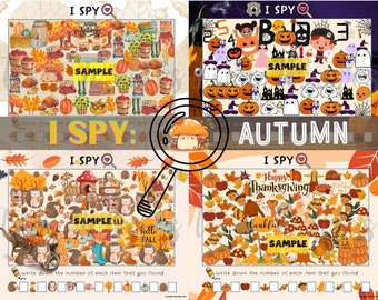 I Spy Autumn Fall Printable | Spy Games Kids, Halloween, Thanksgiving Sheets, Spy Kids Games activity, Look and Find, Counting Printable PDF