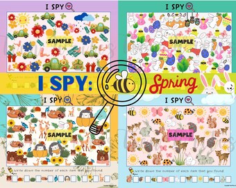 Veo Espío Primavera Pascua / Veo Juegos de Espío Hoja de Animales para Niños, Actividad de Juegos de Espía para Niños, Montessori Aprendizaje de Matemáticas, Actividades Divertidas de Placemats para Fiestas