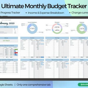 Monthly Budget Tracker Spreadsheet Template for Google Sheets, Financial Budget Planner, Expense Tracker, Savings Tracker - Blue