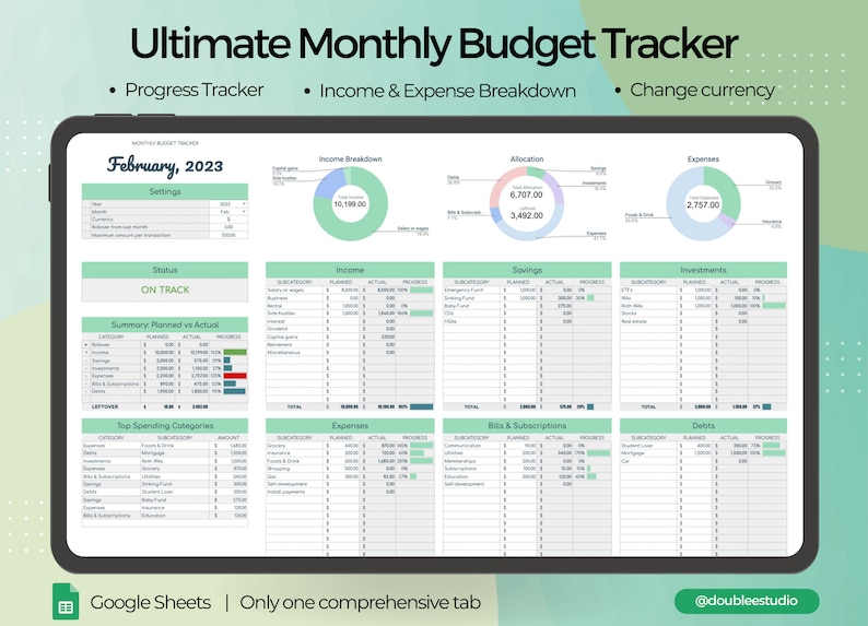 Monthly Budget Tracker Spreadsheet Template for Google Sheets ...
