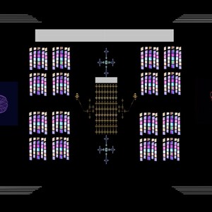 May include: A black and white image of a room with a large, ornate chandelier in the centre. The chandelier is surrounded by rows of stained glass windows, each with a different pattern. The windows are arranged in a symmetrical pattern, and the room is lit by the chandelier.