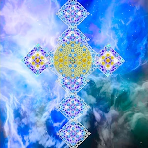 May include: A white geometric cross with blue and yellow accents against a blue and purple nebula background.