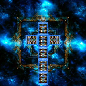 May include: A blue cross with a geometric pattern against a dark blue and black background with a golden geometric frame.