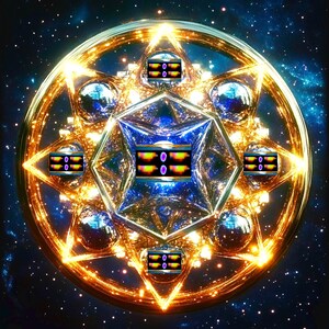 Può includere: Un mandala geometrico dorato e blu con un design a stella. Il centro del mandala presenta una serie di quadrati sovrapposti con un motivo viola e arancione. Il mandala è circondato da un anello di cerchi più piccoli.