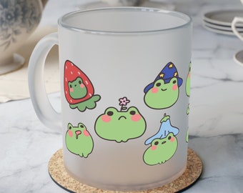 Lustige Frosch-Mattglas-Tasse | Niedliche Kröten Cartoon | Cottagecore Pilze | Natur Geschenk | Frosch mit Erdbeere | Eiskaffeetasse | Hipster