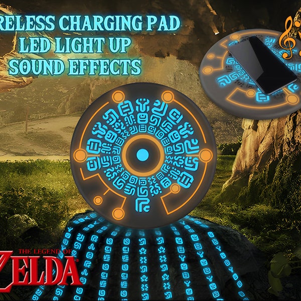 Tapis de recharge sans fil | 15 W | LED lumineuse | Effets sonores | Ardoise Sheikah | Cercle magique | Korok Zelda | Runes Sheikah | Éléments du temple