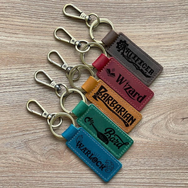Personalized Dnd Genuine Leather Keychain, Dungeons and Dragons Gift, Dungeon Master, Gaming, D&D Classes, Attributes, All Player Classes