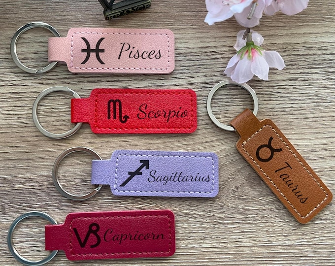 Zodiac Leather Keychain, Astrology birthday Gifts, Aries Tauruis Gemini Canver Leo Virgo Libra Scorpio Sagittarius Capricorn Aquarius Pisces