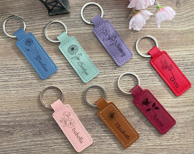 Personalized Leather Keychain, Customized Name with Flowers Key Chain, Laser Engraved, Gift him & her -Gift New Home Car House Mother's Day