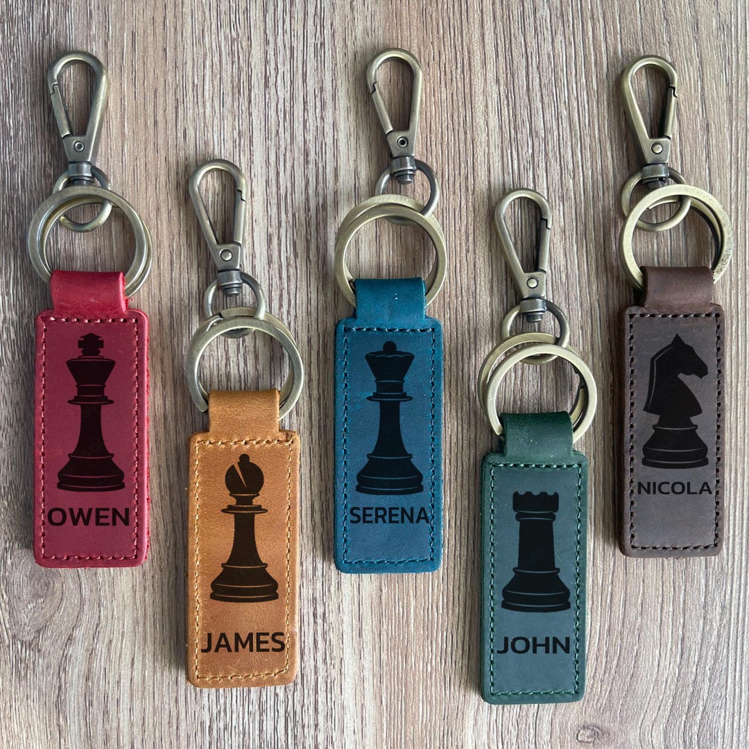 Personalized Chess Piece Genuine Leather Keychain, Name Tag, Rook ...