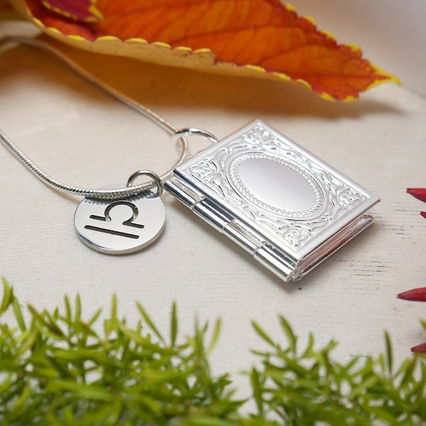 Miniature Book Locket Necklace with photo, Pendant Zodiac Sign, Book Club Gift, Book lover, Book Charm, Librarian Gift Women Mother's Day