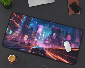 May include: A black and white mousepad with a futuristic city scene featuring neon lights and cars driving on a highway. The city is lit up with vibrant colors, including pink, blue, and purple.