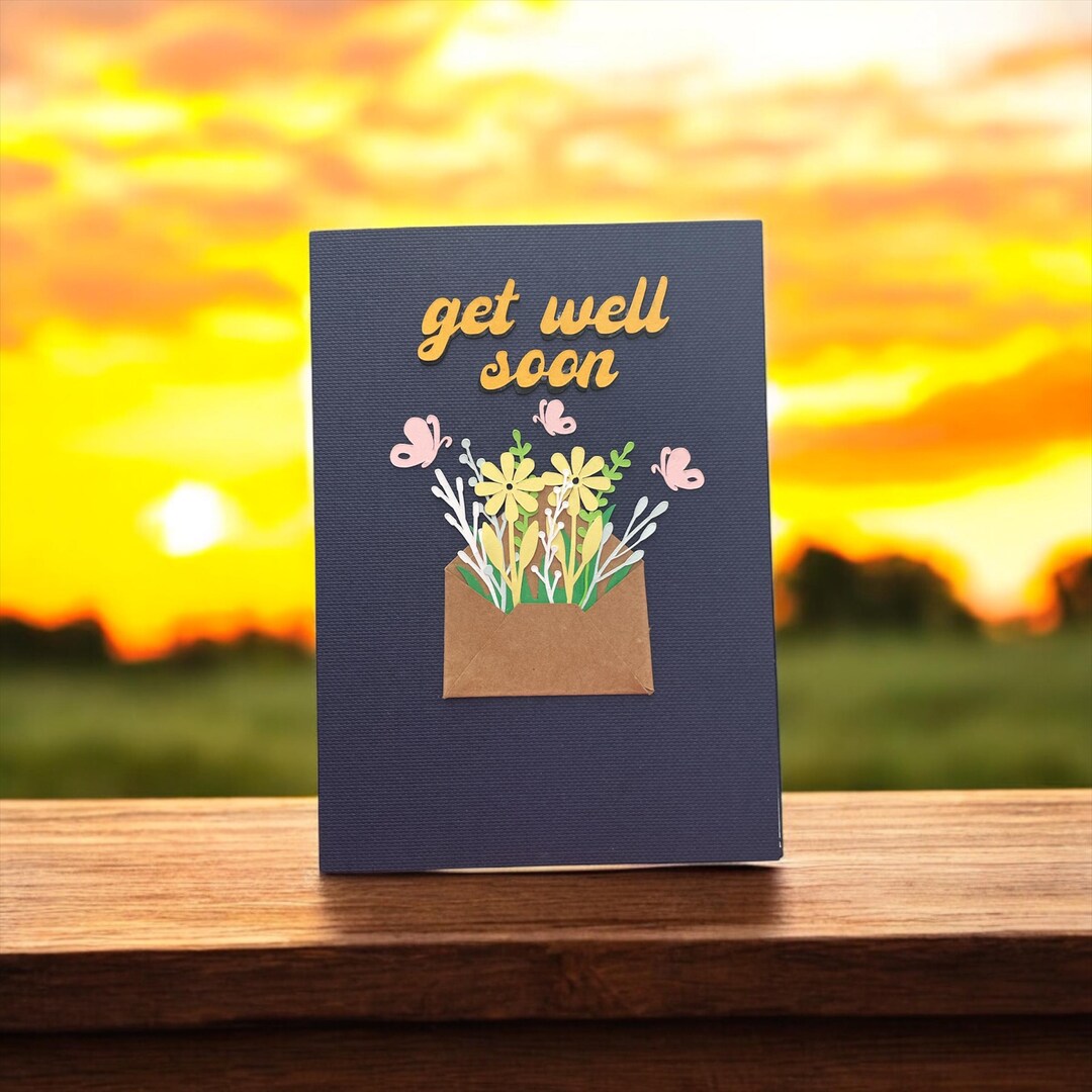 Get Well Soon Floral Bouquet Card With Butterflies Blank Card With Love ...