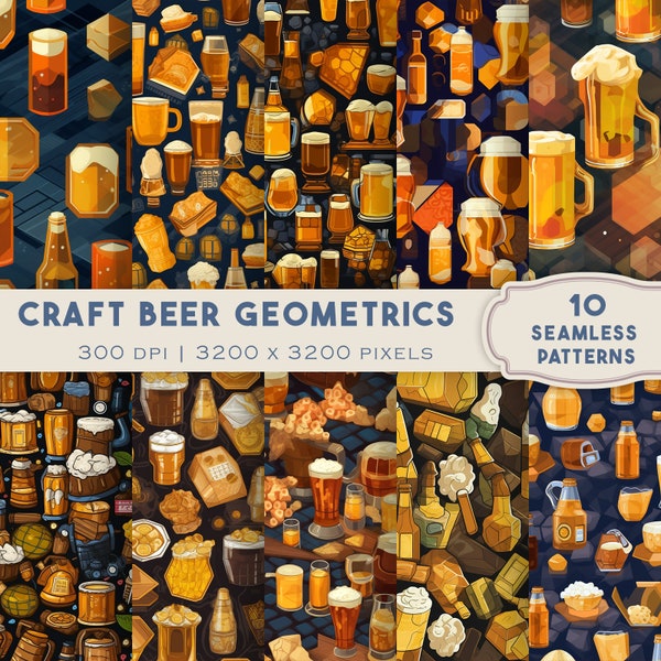 Father's Day, Craft Beer Geometrics: Repeating Pattern Pack | low-poly, beer, mugs, barrels, tap handles, Digital Paper, Backgrounds