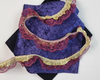 Burgundy and Gold, Two Tiered Ruffled Lace with Ribbon, Vintage