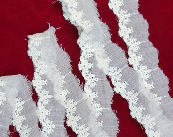 May include: White cotton lace trim with a delicate floral pattern. The lace is slightly frayed on the edges.