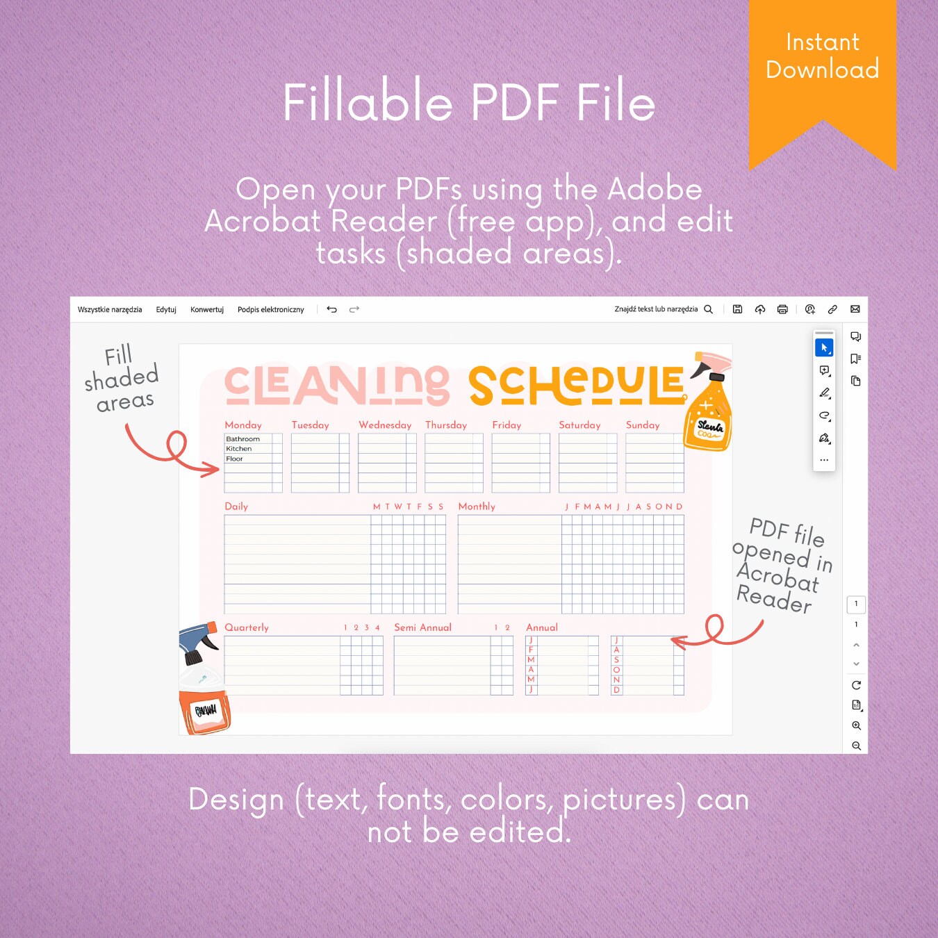 Printable Cleaning Checklist Template, Digital Weekly Cleaning Planner ...