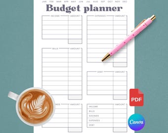 Printable Finance Planner, Monthly Budget, Editable Canva Template (PDF)