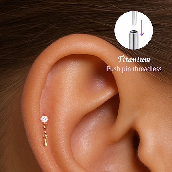 20G/18G/16G CZ Colgante Push Pin Sin Rosca Labret • Pendiente de Cartílago • Trago • Perno de Caracola • Perno de Cartílago • Parte Posterior Plana • Perno de Titanio
