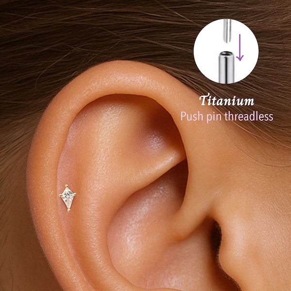 Labret sin rosca con pasador de presión de circonita cúbica de 20G/18G/16G • Pendiente de cartílago • Tragus • Pendiente de concha • Pendiente de cartílago • Labret de base plana • Pendiente de titanio