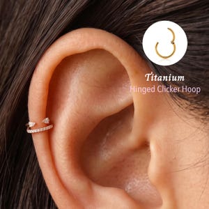 May include: A gold-toned hinged clicker hoop earring featuring a row of small clear stones and two triangular-cut stones at the ends. The text Titanium Hinged Clicker Hoop is displayed next to a circular inset showing the hoop in an open position.