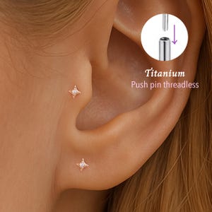 20G/18G/16G Cz-ster push pins labret zonder schroefdraad • Kraakbeenoorbel • Tragus • Conch-stekker • Kraakbeenstekker • Labret met platte achterkant •Titanium
