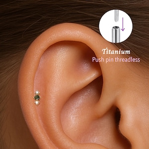 May include: A titanium push pin threadless ear stud featuring a central dark green stone flanked by two smaller clear stones in a vertical arrangement. An inset diagram illustrates the insertion mechanism of the post into the stud base.