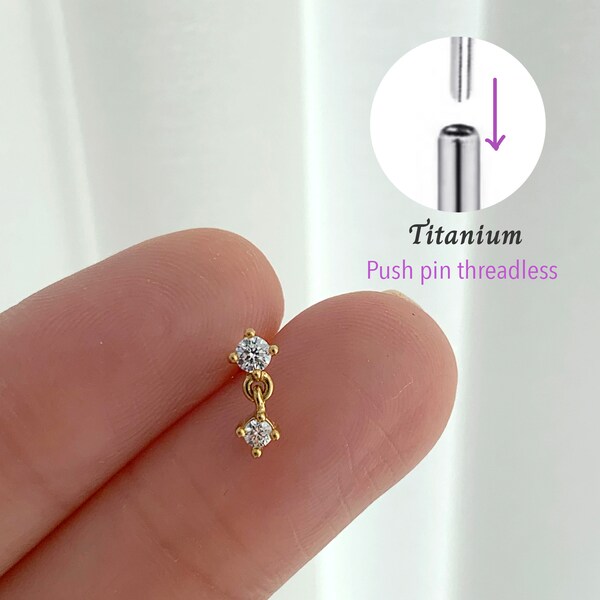 20G/18G/16G Cz Dangle Push pin theadless Labret • Cartilage Earring • Tragus • Conch Stud • Cartilage Stud • Flat back Labret •Titanium stud