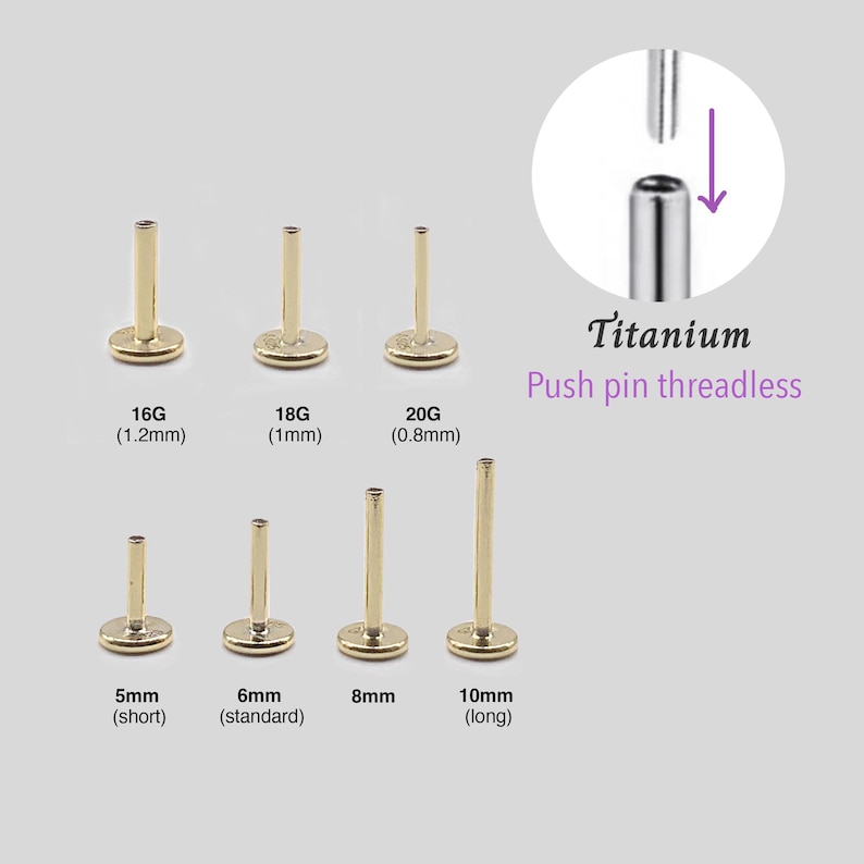 K&ouml;nnte beinhalten: Goldfarbene Titan-Push-Pin-Gewindelose Labret-Ohrstecker in verschiedenen Gr&ouml;&szlig;en. Das Bild zeigt Ohrstecker in den Gr&ouml;&szlig;en 16G (1,2 mm), 18G (1 mm) und 20G (0,8 mm) sowie in den L&auml;ngen 5 mm (kurz), 6 mm (Standard), 8 mm und 10 mm (lang). Das Wort "Titanium" ist ebenfalls sichtbar.
